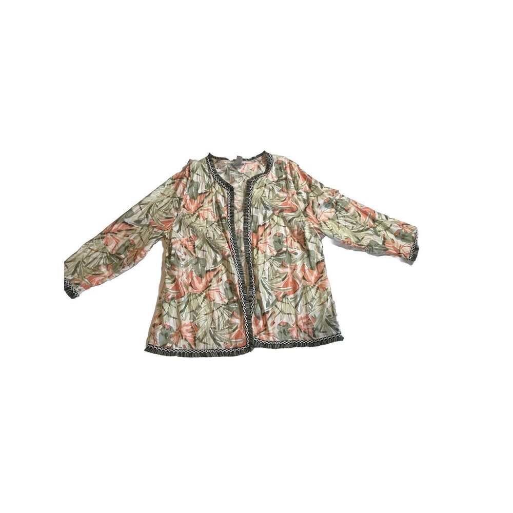Chicos Havana Fringe Trim Linen Blend Jacket Tropical Floral Size 3 Womens XL - Picture 2 of 10